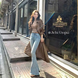 GETADME Slim Fit Bell Bot Jeans High Waist Cotton Stretch Denim Torn Hem Ankle-Length Ladies Pants Fall Season Wear for Women