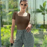 GETADME 여름 섹시 반팔 리브 스퀘어넥 통 바디수트 원피스 스퀘어 바디수트 복부 관리 바디 셰이퍼 배