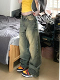 GETADME 여성 루즈 진 캐주얼 로우 웨이스트 데님 스트레이트 레그 팬츠 그라데이션 컬러 타이다이 포켓 심플 빈티지 한국식 프레피 스타일