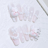 GETADME 10pcs Handmade Press On Nails Light Pink French Style White Long Coffin False Nails Cute 3D Rabbit Designs Sweet Fake Nail Tips