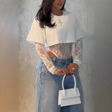 GETADME Sexy Women Crop Top+Lace Jacquard Full Sleeve Bodysuit Hottie Street Clubwear Slim Fit Wild Matching Basic Skinny Tees+Jumpsuit