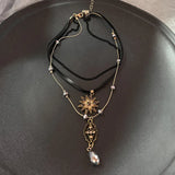 GETADME Vintage Brown Natural Stone Pendant Necklace for Women Fashion Geometric Long Leather Rope Necklace Sweater Chain Jewelry Gifts