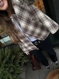 GETADME Panelled Plaid Turn-Down Collar Jackets Women Casual Loose Long Sleeve Short Jacket Female 2025 Spring Temperament Outwear Tops