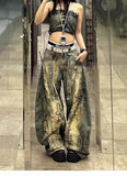 GETADME American Retro Washed Denim Jeans washing old hand-painted graffiti printed jeans Fashion Loose Casual Wide Leg Jeans