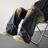 GETADME Mens Washed Denim Jeans American Vintage Loose Wide Leg Straight Micro Flare High Waist Floor Length Casual Trendy Long Pants