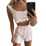 GETADME Women's Solid Pajamas Set 2025 Hollow Out Sleeveless Top Shorts Sleepwear 2 Piece Set For Women Loose Round Neck Home Loungewear