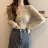GETADME Fuzzy Knit Crop Top Cardigan for Women Teen Girl Long Sleeve Button Up Fitted Sweater Soft Plush Knitwear Fall Winter Y2K Outfit