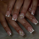 GETADME 24개입 짧은 사각형 프렌치 네일 팁 3D 엠보싱 꽃 장식 탈부착 가능, 착용 가능, 여성용 프레스온 네일, DIY 매니큐어