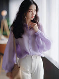 Getadme-Women's Shirt and Blouse Button Up Loose Summer Female Tops Blue Chiffon Full Long Sleeve Elegant 2024 Y2k Fashion Clothes Blue