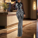 GETADME Elegant Mesh Patchwork Luxury Zip Up Full-Sleeve Evening Party Banquet Prom Long Dress High Waist Slim Elastic Maxi Vestido