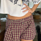 Getadme Women Y2K Plaid Pajamas Shorts Elastic Waist Wide Leg Gingham Boxer Lounge Shorts Checked Pj Bottom Going Out Shorts