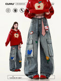 GETADME Embroidered Harajuku women's jeans American casual style retro straight leg high street wide leg pants Y2k loose jeans for womem