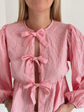 Chemise à carreaux Getadme pour femme, col rond, nœud papillon, lacets, manches bouffantes, style décontracté, manches courtes, découpes, collection printemps 2024 streetwear féminin 