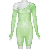 GETADME Summer Lace Hollow Out Mesh See Through Playsuits Women Knit Sexy One Shoulder Long Sleeve Skinny One Piece Overalls Outfits