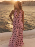 GETADME Pink Chiffon Polka Dot Printing Halter Maxi Dress Women Elegant Sleeveless Backless Skinny Pleated Robe Beach Evening Party Gown