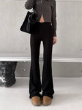 Getadme-Vintage Gray Flare Pants Women Harajuku Black High Waist Wide Leg Trousers Korean Slim Knit Full Pants Y2K Streetwear
