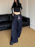 GETADME Women's Vintage Deep Blue Loose Wide Leg Jeans Street Cool Girl High Waist Baggy Pants Female Casual Straight Denim Trousers