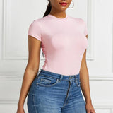 GETADME Solid One Piece Bodysuit Short Sleeve O Neck Sexy Open Basic Overalls Women Tight Fitting Body Top Skinny  Female