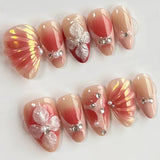 GETADME 24Pcs 3D Strawberry Rabbit Flower Fake Nails Press on Mid-length Almond Wearable False Nails Green Gradient Pearl Manicure Tips