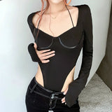 GETADME 하이 스트리트 여성 바디수트 긴팔 로우컷 섹시 홀터 블랙 스키니 셰이프 웨어 원피스 슬리밍 클럽 베이직 탑 가을