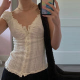 T-shirt GETADME années 90, style vintage français, à fleurs, féérique, grunge, kawaii, col en V, boutonné, volants, pull, t-shirt femme, esthétique Y2K, crop top blanc rétro
