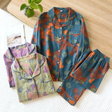 Getadme Japanese Spring and Autumn New Women's Pajama Set 100% Cotton Vintage Long sleeved Pants Two Piece Set for Home Furnishings