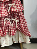 GETADME Korean Sweet Fit Chic Plaid Patchwork Skirt Women New Fashion Vintage Bow Print Fluffy Skirts Harajuku Y2k Lovely Clothes Spring