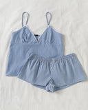 GETADME 화이트 아이릿 홈 코지 2피스 세트 여성 레이스 트림 V넥 레이스업 탱크탑+단추 반바지 여름 스위트 시크 캐주얼 파자마 슈트