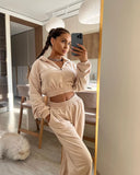 GETADME 투피스 팬츠 세트 여성 후드 지퍼 두꺼운 짧은 스웨트셔츠 코트 포켓 긴팔 크랩 탑 신축성 허리 팬츠 정장