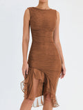 GETADME Elegant Ruffle Ruched Midi Dress For Women Robe Summer New Backless Sleeveless Irregular Club Party Sexy Dress Vestido