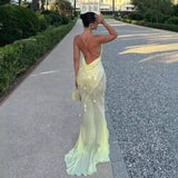 GETADME Yellow Sequins Maxi Beach Dress Women Sexy Backless Slim Party Fishtail Dresses Summer Mesh Patchwork Sheer Holiday Dress 2025