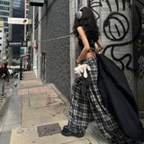 GETADME 여성 다크 아카데미아 2000년대 그런지 하라주쿠 루즈 캐주얼 팬츠 배기 플레드 팬츠 드로스트링 팬츠 트래시 Y2K 일본 고스