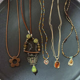 GETADME Vintage Brown Natural Stone Pendant Necklace for Women Fashion Geometric Long Leather Rope Necklace Sweater Chain Jewelry Gifts