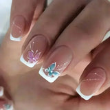 GETADME 24Pcs Short Square Coffin False Nails Square Fake Nails with Glue French Glitter Wearable Acrylic Nails Set Press on Nail Tips