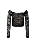 Women Long Sleeve Lace Tops Sexy Low Cut Sheer Mesh See Through Floral Crop Top Shirt