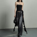 GETADME Women Summer Sexy Sleeveless Top Ruffle Edge One Shoulder Slim Fit with Ribbon Bra Top Black Vest