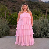 GETADME Chic Halter Pleated Women's Long Dress Flower Sleeveless Backless Cascading Ruffle Robe 2025 Summer Fashion Female Party Dresses