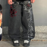 GETADME Streetwear Y2K Gothic Denim Trousers Harajuku Punk Dinosaur Embroidery Washed Jeans Hip Hop Wide Leg Oversized Jeans Mens Womens