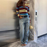 GETADME Striped Cardigan Long-sleeved Single-breasted Sweater Retro Slim Striped Women's T-shirt in Autumn 2025