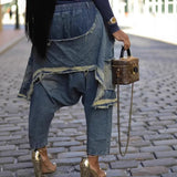 GETADME Women Jeans Harem Pants Hip Hop Punk Denim Pant Hole Elastic Waist Washed Distressed Pockets Streetwear 2025 Ripped Trousers