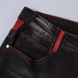 GETADME Streetwear Men Patch Ripped Jeans Black Red Design Slimming Men's Clothing Stretch Cozy Denim Pants  Hip Hop Trend Trousers