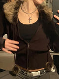Getadme 2  Y2K Grunge Fur Knitted Jackets Double Zipper Vintage Cropped Coat Women Harajuku Aesthetic Cute Chic Jumpers Korean Outfits New