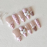 GETADME 24Pcs False Nails Pink Brown Polka Dot Lace Lace French Press on False Nails Bow Pearl Wearable Manicure Tips Art Fake Nails
