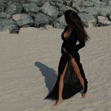 GETADME Irregular Ruffles Dress Women's Chic V Neck Long Sleeve Lace Up Beach Dress Summer 2025 Fashion Lady Vacation Cover Up