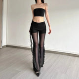 GETADME Sylcue Sexy See Through Long Pant Women High Waist Irregular Patchwork Ruched Ruffles Ribbons Versatile Style Elegant Bottoms