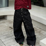 GETADME Korean High Street Buckle Curved Jeans Autumn Men'S Loose Straight Leg Pants Black Wide Leg Pants Casual Pants Hip-Hop Pants