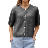GETADME Lamuusaa y2k Sweaters 2000s Clothes Solid Color Round Neck Single Breasted Short Sleeve Cardigan Tops for Women Streetwear