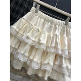 GETADME 가을/겨울 하이웨이스트 슬리밍 화이트 벌룬 스커트 여성용 레이스와 신축성 허리 밴드 미니 드레스