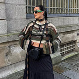 Getadme -Y2K Women Crochet Shrug Pullovers Sweater Crop Top Patchwork Crewneck Long Sleeve Hollow Out Grunge Tops Vintage Streetwear