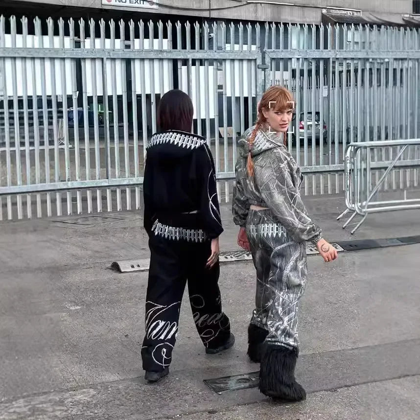 Ensemble GETADME sweat-shirt à capuche manches longues, style rétro hip-hop, coupe droite, imprimé diamant, pour fille sexy